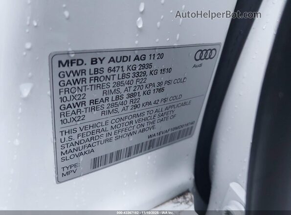 WA1EVAF10MD016740 2021 AUDI Q8 White Engine compartment view