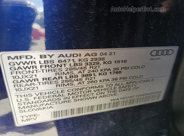 WA1EVAF10MD035966 2021 AUDI Q8 Blue Widok naklejki z numerem VIN