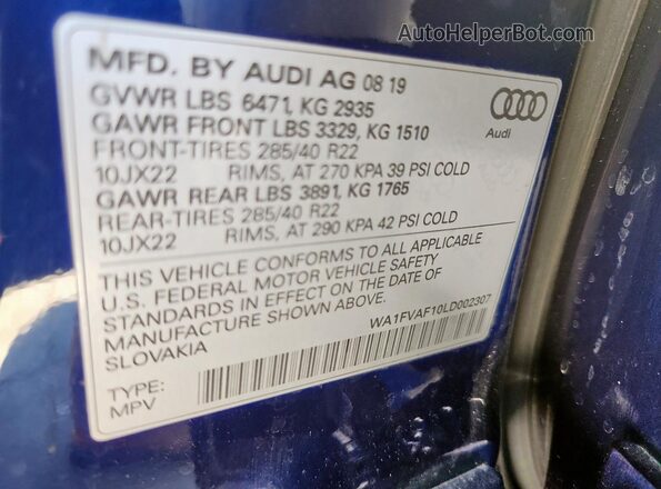 WA1FVAF10LD002307 2020 AUDI Q8 Blue Вид наклейки з VIN-кодом