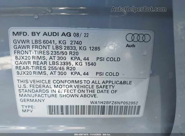 WA1H2BFZ6NP052952 2022 AUDI Q4 Серый Вид подкапотного пространства