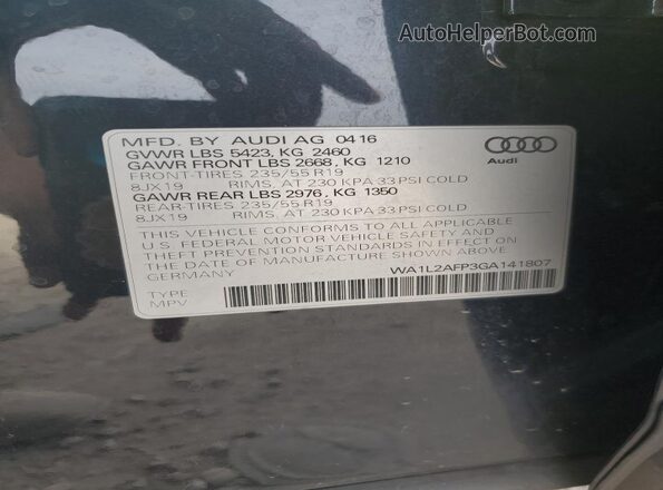 WA1L2AFP3GA141807 2016 AUDI Q5 Charcoal VIN კოდის სტიკერის ხედი