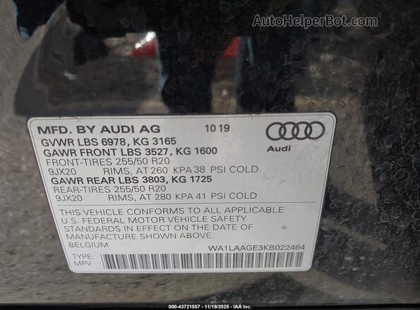 WA1LAAGE3KB022464 2019 AUDI E-TRON Черный Вид подкапотного пространства