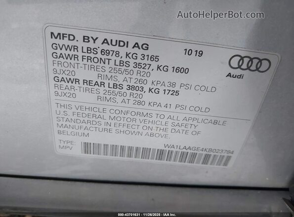 WA1LAAGE4KB023784 2019 AUDI E-TRON Silver Vista del compartimento del motor