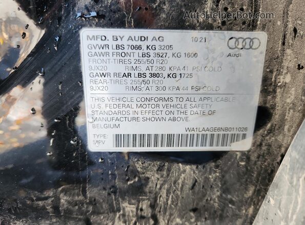 WA1LAAGE6NB011026 2022 AUDI E-TRON Черный Вид наклейки с VIN-кодом