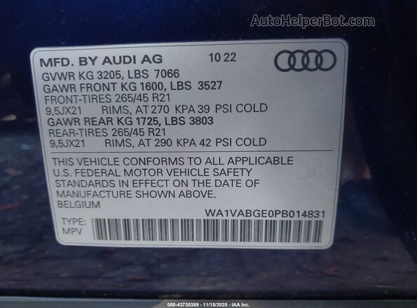 WA1VABGE0PB014831 2023 AUDI E-TRON Синий Вид подкапотного пространства