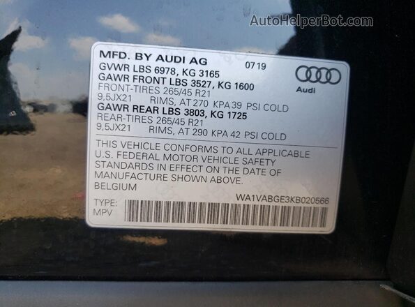 WA1VABGE3KB020566 2019 AUDI E-TRON Черный Вид наклейки с VIN-кодом