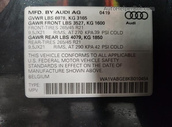 WA1VABGE8KB010454 2019 AUDI E-TRON Gray Widok naklejki z numerem VIN