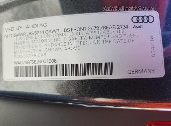 WAU24GF58JN001908 2018 AUDI S5 Gray VIN sticker view