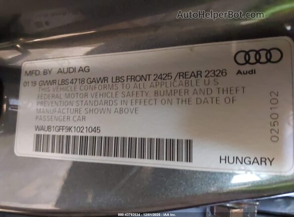 WAUB1GFF9K1021045 2019 AUDI S3 Серый Вид подкапотного пространства