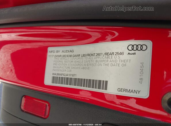 WAUB4AF42JA101871 2018 AUDI S4 Красный Вид подкапотного пространства