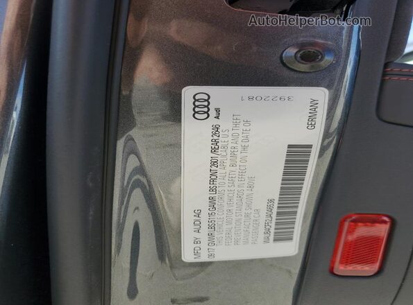 WAUB4CF52JA046536 2018 AUDI S5 Gray VIN կոդի պիտակի տեսք