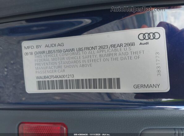 WAUB4CF54KA001213 2019 AUDI S5 Синий Вид подкапотного пространства