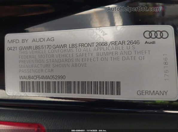 WAUB4CF54MA052990 2021 AUDI S5 Черный Вид подкапотного пространства