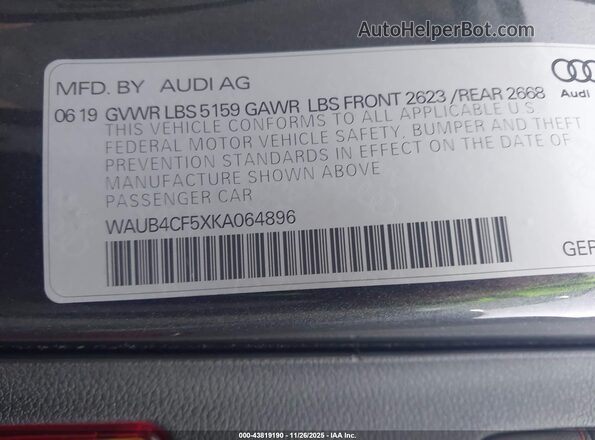 WAUB4CF5XKA064896 2019 AUDI S5 Gray Շարժիչի բաժամունքի տեսք