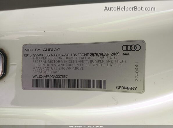 WAUC4AFR0GA007657 2016 AUDI S5 White Շարժիչի բաժամունքի տեսք
