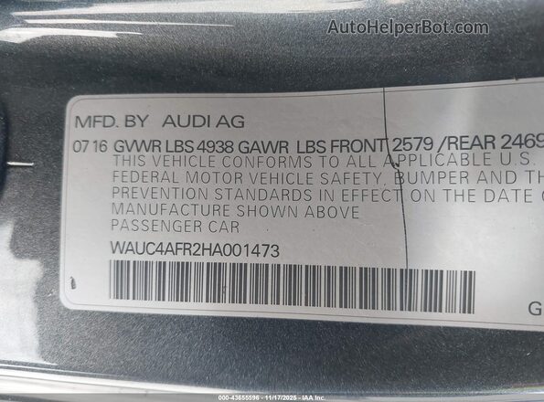 WAUC4AFR2HA001473 2017 AUDI S5 Gray Engine compartment view