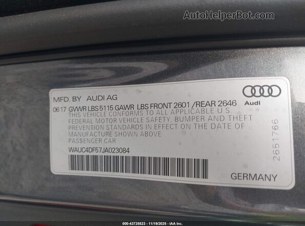 WAUC4DF57JA023084 2018 AUDI S5 Gray Widok komory silnika