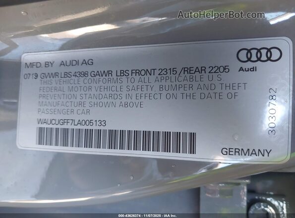 WAUCUGFF7LA005133 2020 AUDI OTHER Gray Vista del compartimento del motor