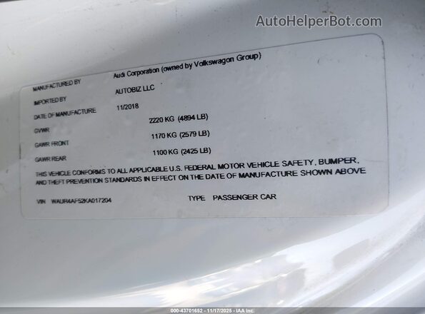 WAUR4AF52KA017204 2019 AUDI S5 Белый Вид подкапотного пространства