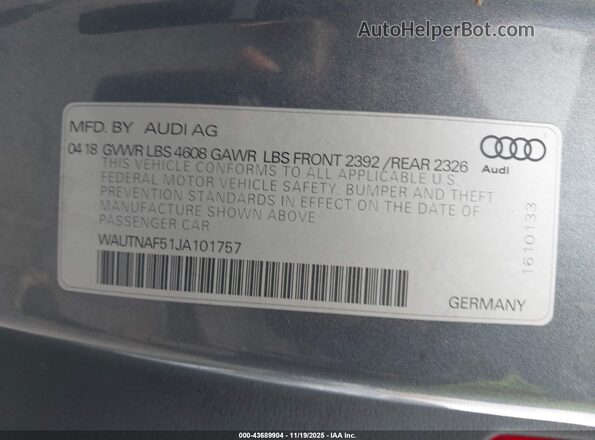 WAUTNAF51JA101757 2018 AUDI OTHER Gray Engine compartment view