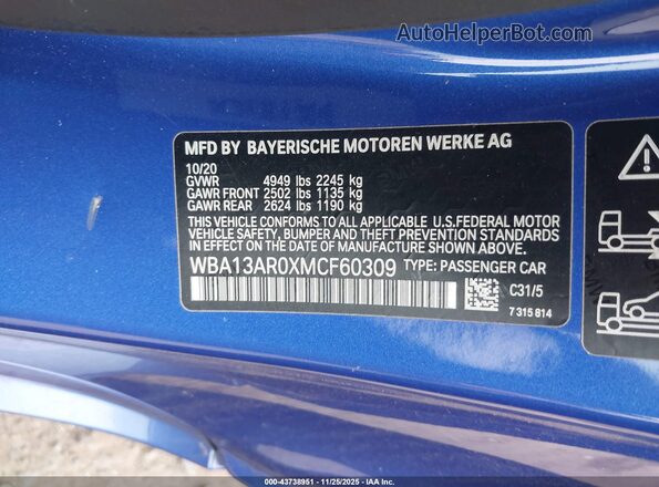 WBA13AR0XMCF60309 2021 BMW M4 Синий Вид подкапотного пространства