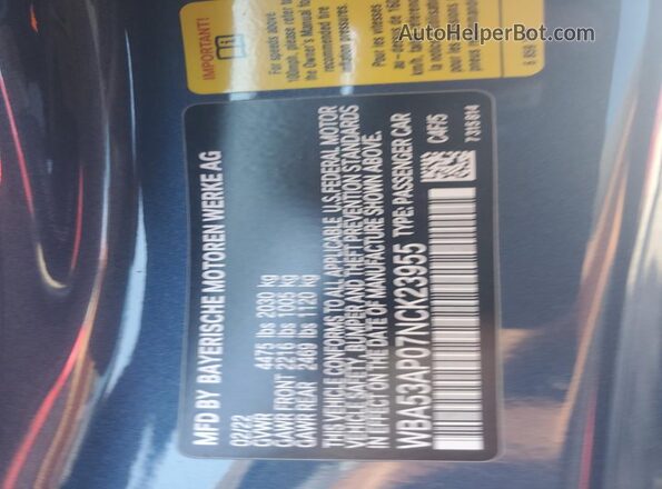 WBA53AP07NCK23955 2022 BMW OTHER Синий Вид подкапотного пространства