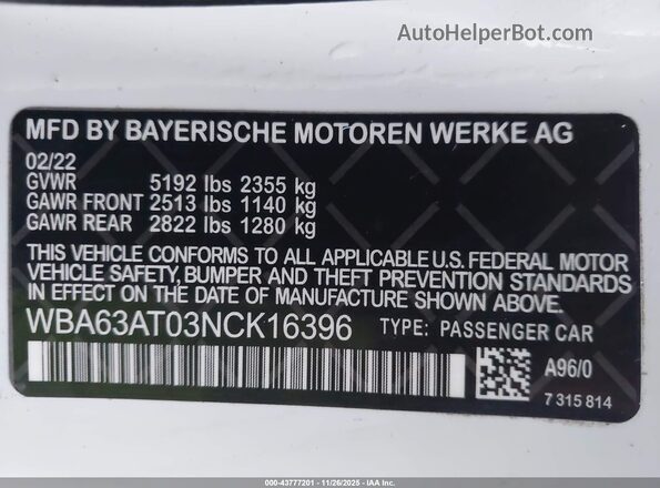 WBA63AT03NCK16396 2022 BMW M4 White Вид підкапотного простору