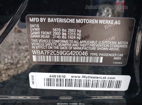 WBA7F2C59GG420046 2016 BMW OTHER Черный Вид подкапотного пространства