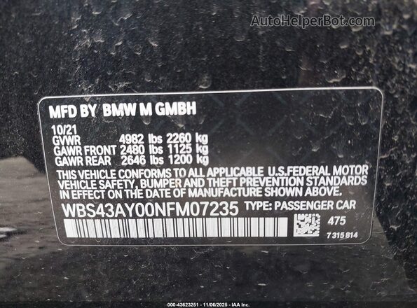 WBS43AY00NFM07235 2022 BMW M3 Черный Вид подкапотного пространства