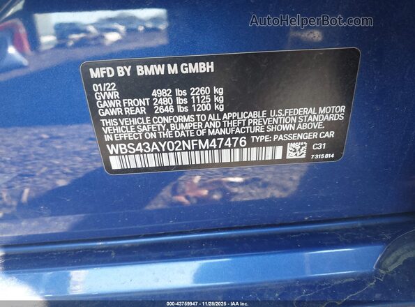 WBS43AY02NFM47476 2022 BMW M3 Blue Widok komory silnika
