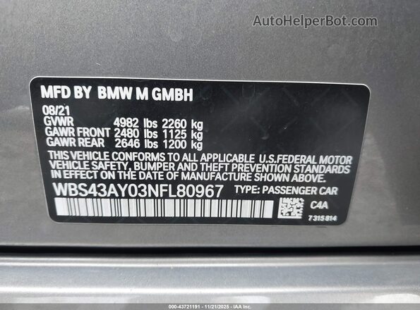 WBS43AY03NFL80967 2022 BMW M3 Серый Вид подкапотного пространства