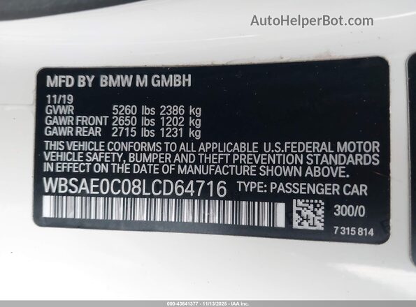 WBSAE0C08LCD64716 2020 BMW M8 White Вид підкапотного простору