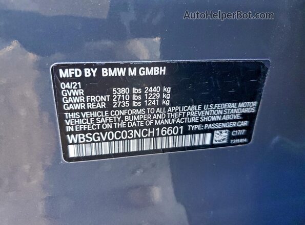 WBSGV0C03NCH16601 2022 BMW M8 Gray Vista de la etiqueta del VIN