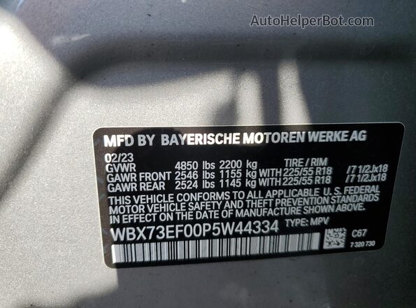 WBX73EF00P5W44334 2023 BMW X1 Серебряный Вид наклейки с VIN-кодом