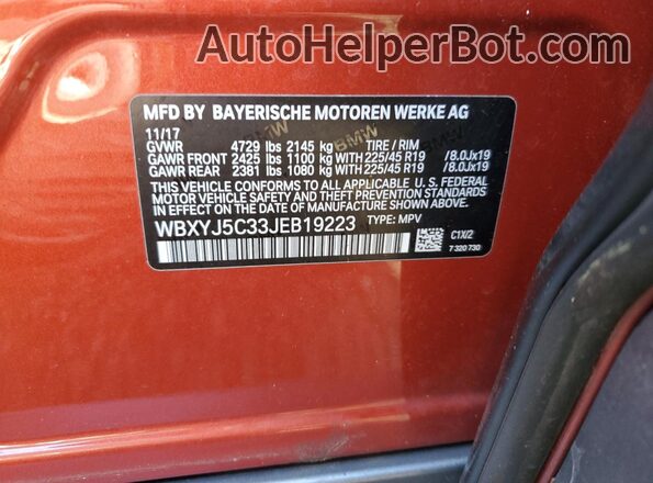 WBXYJ5C33JEB19223 2018 BMW X2 Orange Вид наклейки з VIN-кодом