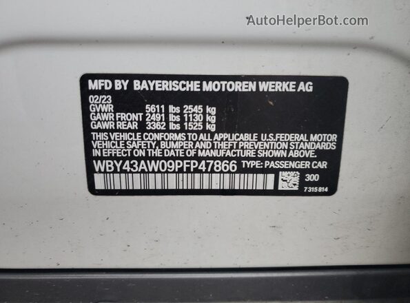 WBY43AW09PFP47866 2023 BMW I4 Белый Вид наклейки с VIN-кодом