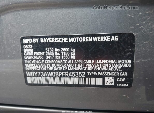 WBY73AW08PFR45352 2023 BMW I4 Gray VIN կոդի պիտակի տեսք