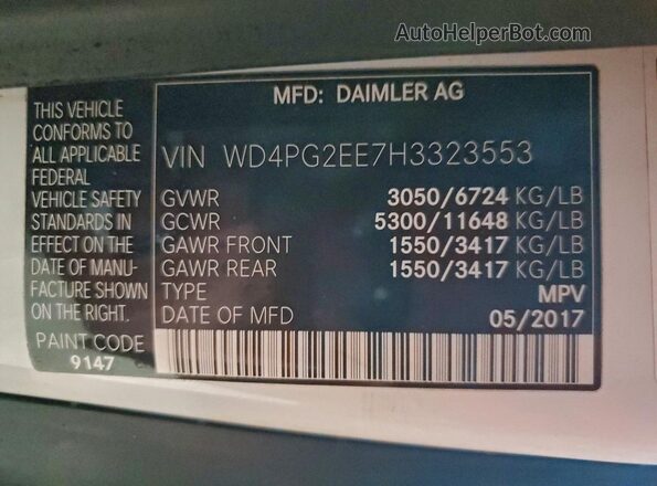 WD4PG2EE7H3323553 2017 MERCEDES-BENZ METRIS Белый Вид наклейки с VIN-кодом