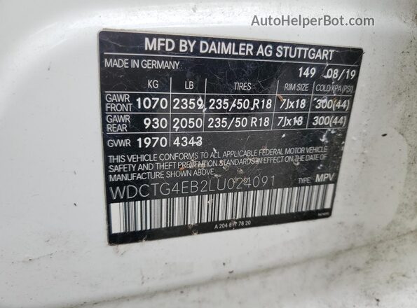 WDCTG4EB2LU024091 2020 MERCEDES-BENZ GLA White Widok naklejki z numerem VIN