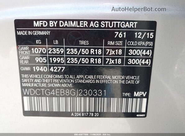 WDCTG4EB8GJ230331 2016 MERCEDES-BENZ GLA 250 Silver Вид підкапотного простору
