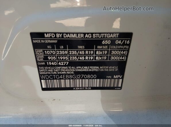 WDCTG4EB8GJ270800 2016 MERCEDES-BENZ GLA 250 White ძრავის განყოფილების ხედი