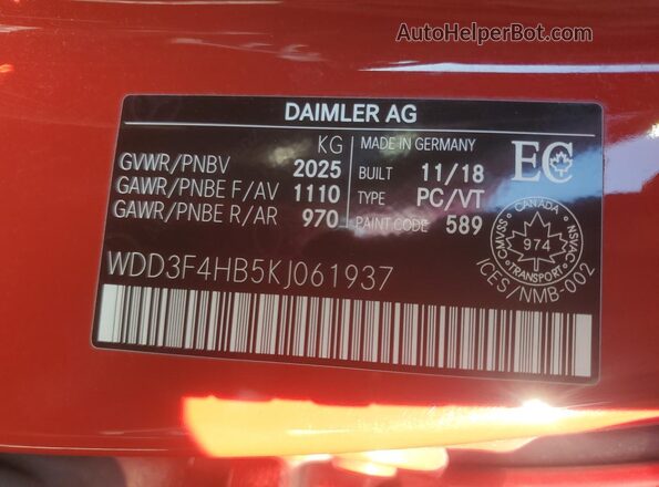 WDD3F4HB5KJ061937 2019 MERCEDES-BENZ A Красный Вид наклейки с VIN-кодом