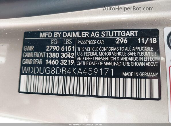 WDDUG8DB4KA459171 2019 MERCEDES-BENZ S-CLASS Beige Vista del compartimento del motor