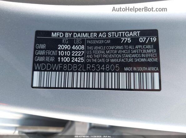 WDDWF8DB2LR534805 2020 MERCEDES-BENZ C-CLASS Silver Widok komory silnika