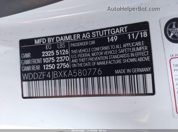 WDDZF4JBXKA580776 2019 MERCEDES-BENZ E-CLASS White ძრავის განყოფილების ხედი