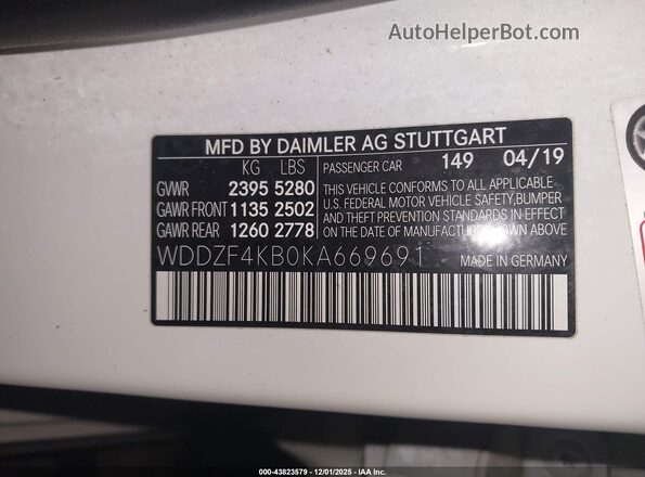 WDDZF4KB0KA669691 2019 MERCEDES-BENZ E-CLASS White Շարժիչի բաժամունքի տեսք