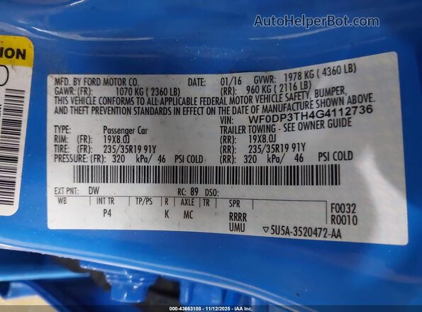 WF0DP3TH4G4112736 2016 FORD FOCUS RS Blue ძრავის განყოფილების ხედი