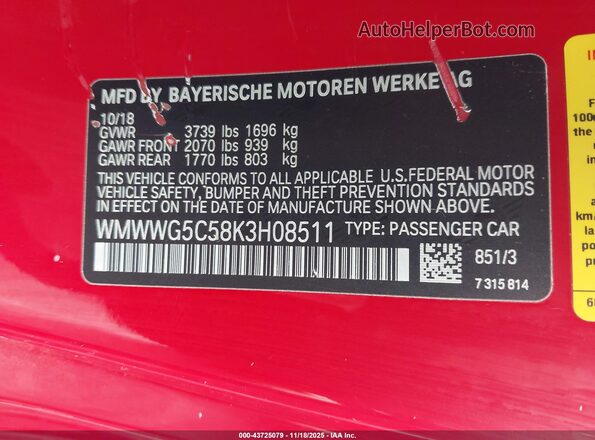 WMWWG5C58K3H08511 2019 MINI CONVERTIBLE Красный Вид подкапотного пространства