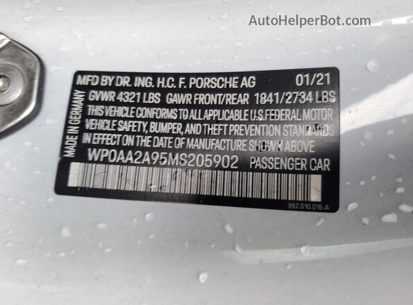 WP0AA2A95MS205902 2021 PORSCHE 911 White Vista del compartimento del motor