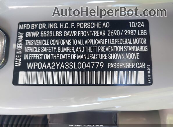 WP0AA2YA3SL004779 2025 PORSCHE PANAMERA Gray Widok komory silnika